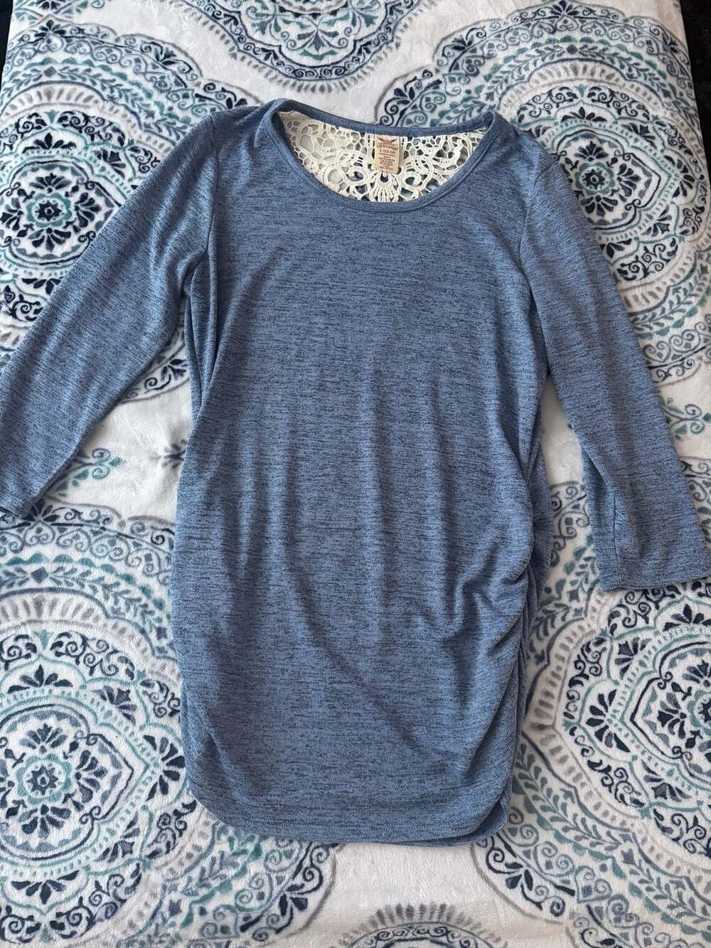 Faded Glory Blue Lace Back 3/4 Sleeve Dress Size L